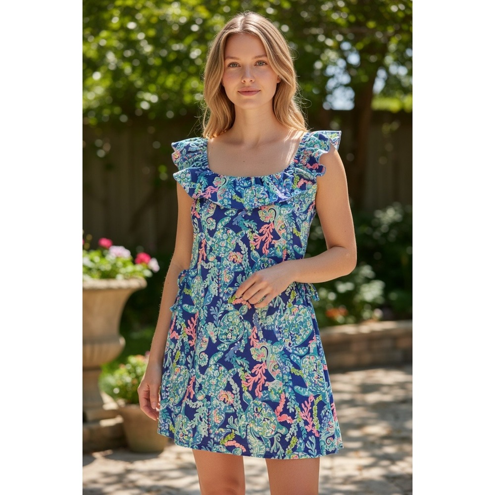 Lilly Pulitzer Zoya Ruffle Romper Corsica Blue Turtle Villa Sea Turtle Print 4